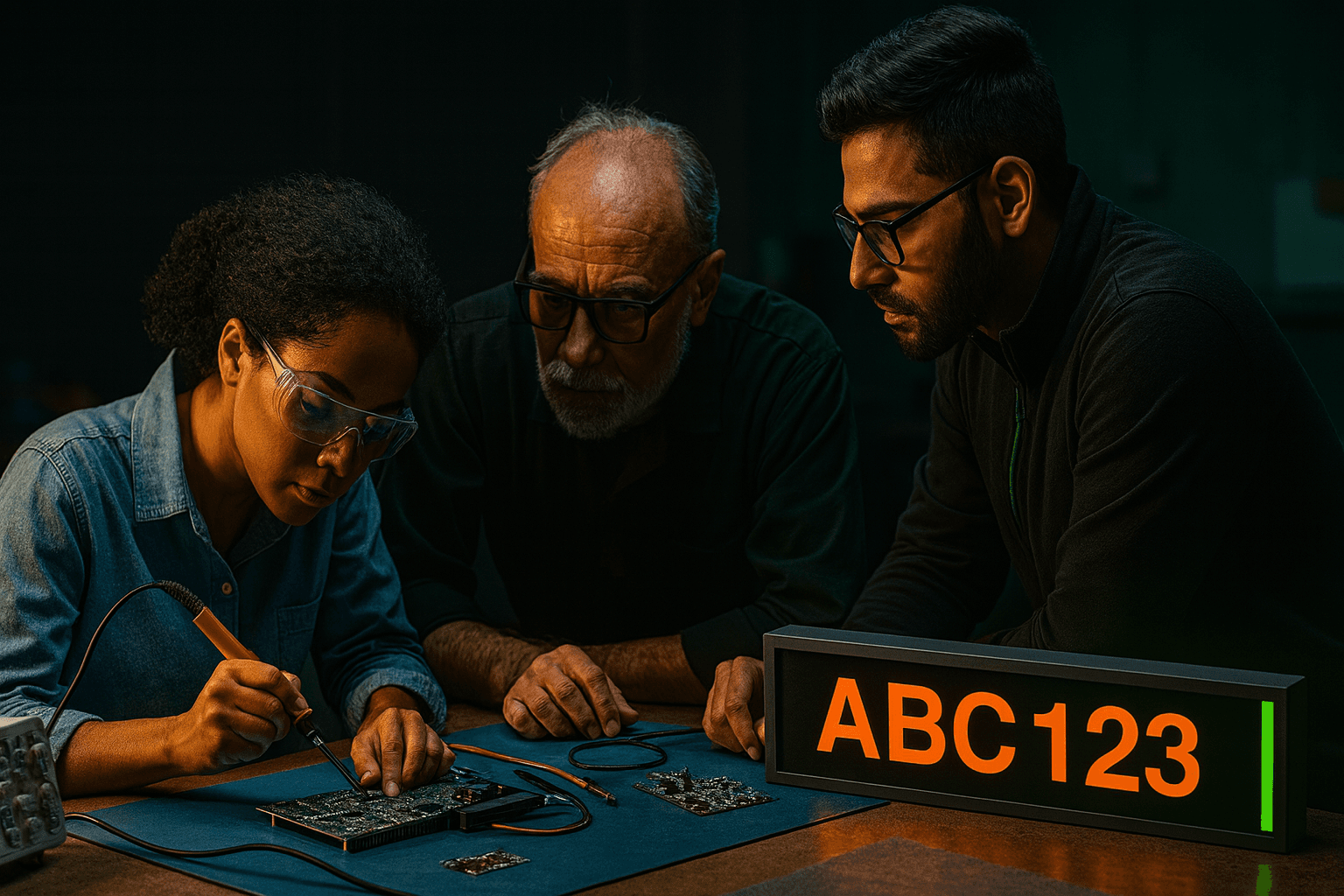 Equipo trabajando en mesa de electrónica