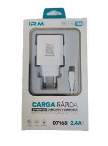 CARGADOR CERTIFICADO CARGA RÁPIDA DOBLE SALIDA IRM2.4A DOBLE USB + CABLE USB C