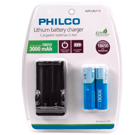 CARGADOR 18650 PHILCO 1X2 + 2 PILAS 3000 mAh